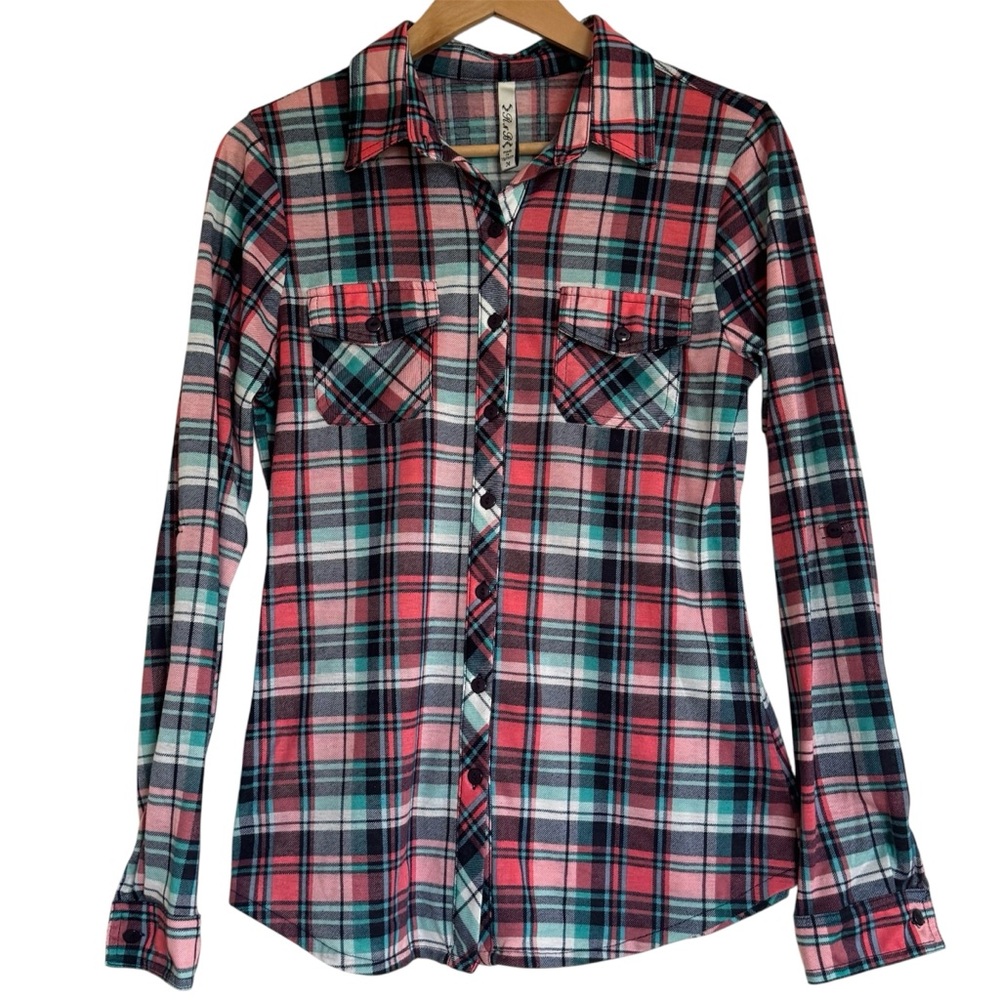RnB - Pink, Teal, and White Plaid Button-Down Long Sleeve Shirt. Excellent Cond.